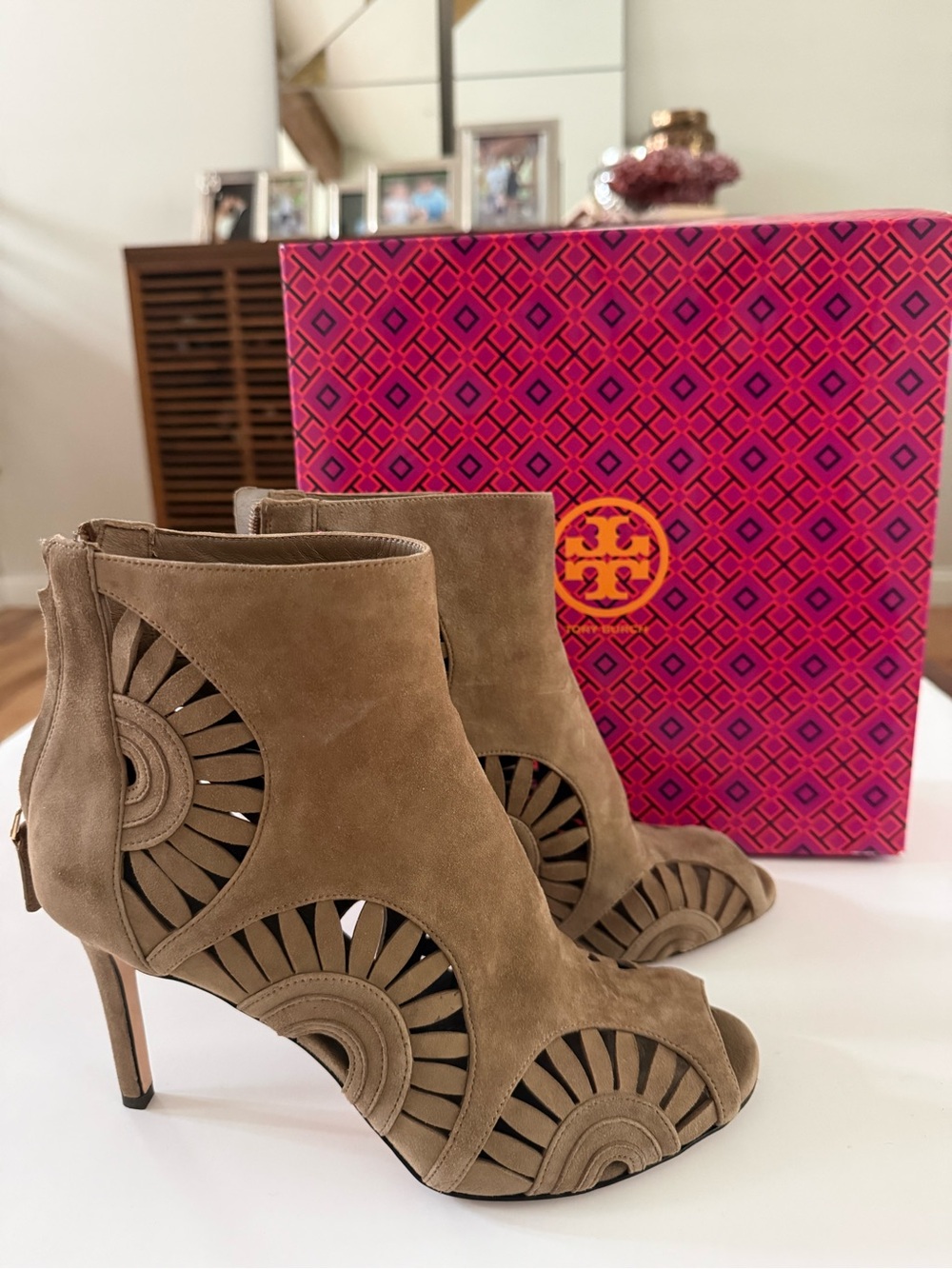 Tory Burch Taupe Suede Leyla Cutout Peep-Toe Booties 10